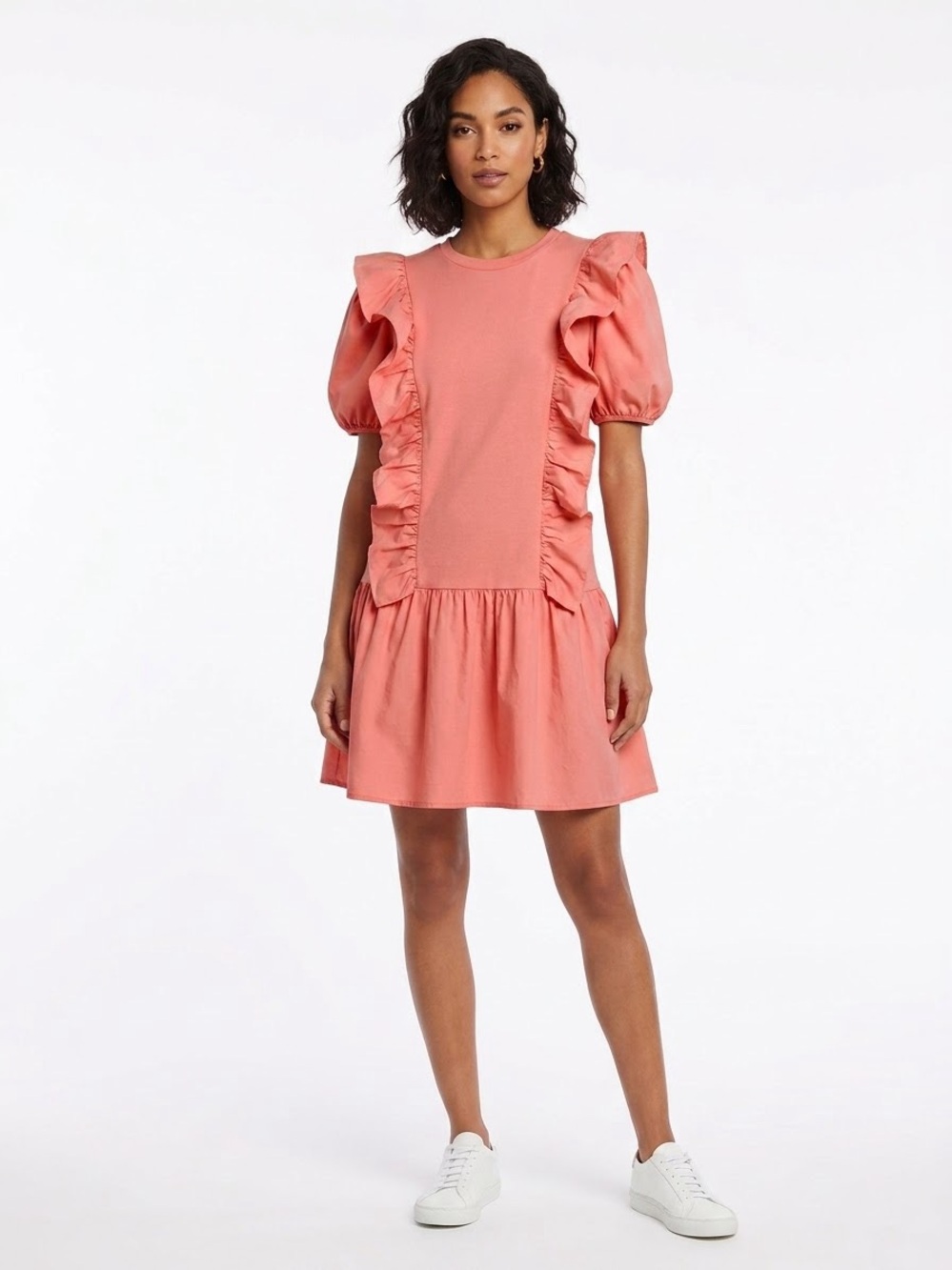 English Factory Coral Pink Puff Sleeve Ruffle Drop Waist T-Shirt Dress